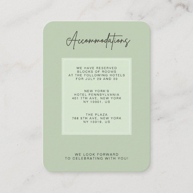 Tarjeta De Recepción Alojamiento Mínimo de Boda Green Sage (Anverso)