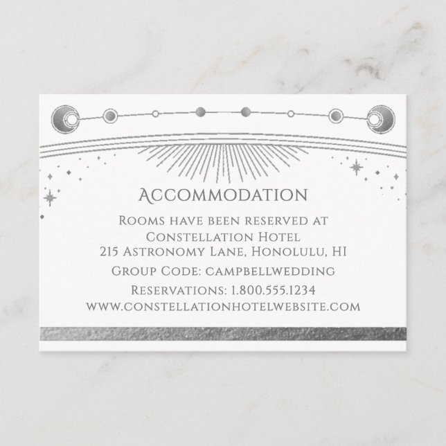 Tarjeta De Recepción Alojamiento Místico de Plata Blanco Celestial (Anverso)
