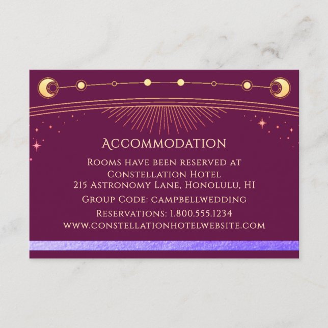 Tarjeta De Recepción Alojamiento Místico Dorado Fucsia Celestial (Anverso)