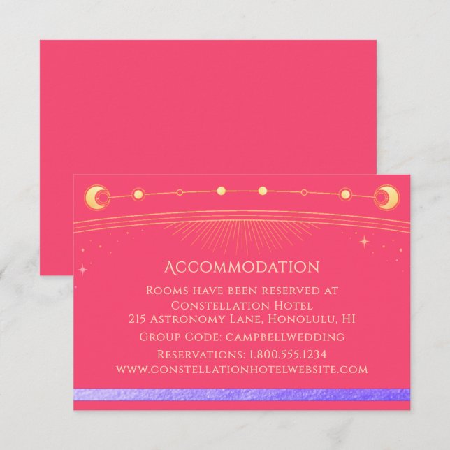 Tarjeta De Recepción Alojamiento místico rosa de Fuchsia Celestial (Anverso / Reverso)