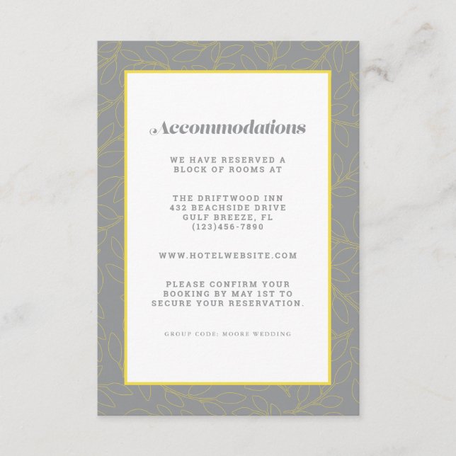 Tarjeta De Recepción Alojamiento moderno amarillo y gris Boda Detalle (Anverso)