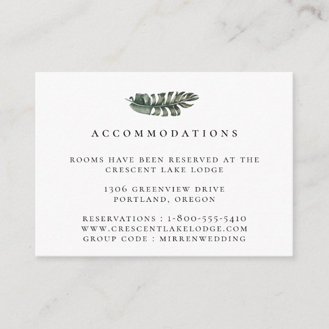 Tarjeta De Recepción Alojamiento moderno Boda de hojas tropicales (Anverso)