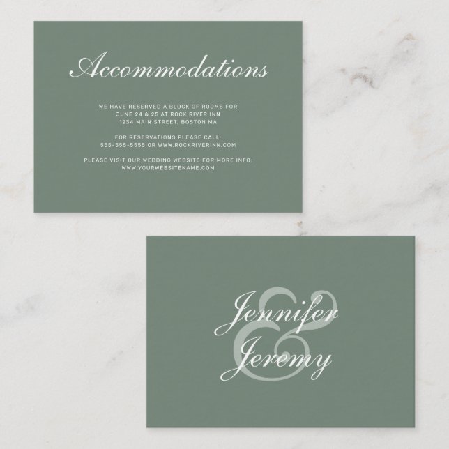 Tarjeta De Recepción Alojamiento moderno de Boda blanco y verde sabio (Anverso / Reverso)