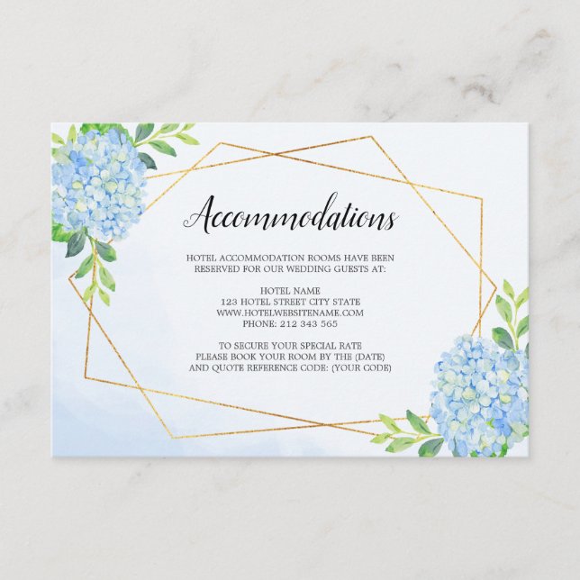 Tarjeta De Recepción Alojamiento moderno de hidrangea geométrica azul (Anverso)