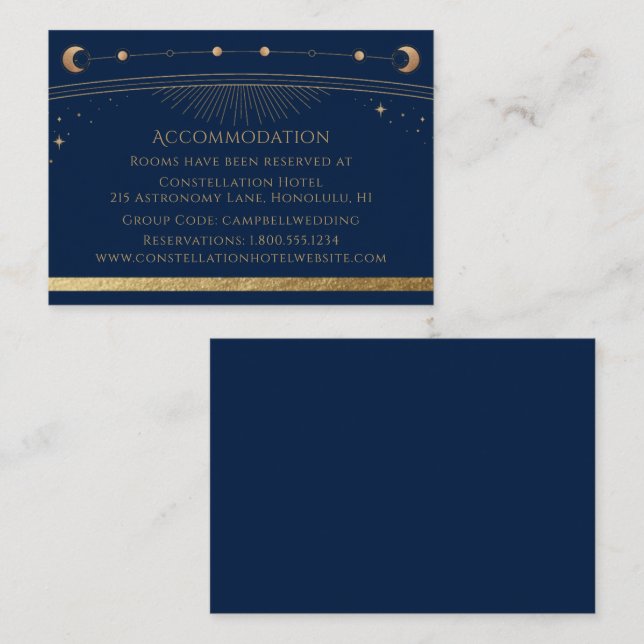 Tarjeta De Recepción Alojamiento Mystical Blue Gold Sun Moon Stars (Anverso / Reverso)