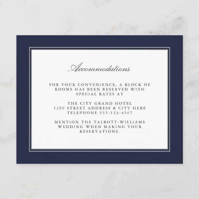 Tarjeta De Recepción Alojamiento Navy Blue Classic Simple Elegance (Anverso)