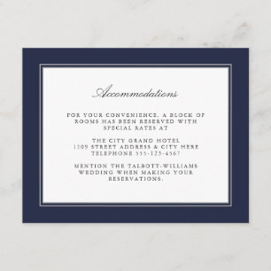 Tarjeta De Recepción Alojamiento Navy Blue Classic Simple Elegance