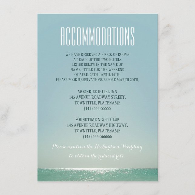 Tarjeta De Recepción alojamiento para bodas de playa (Anverso)