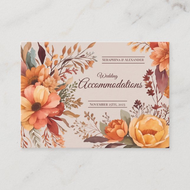 Tarjeta De Recepción Alojamiento para Bodas florales en otoño (Anverso)