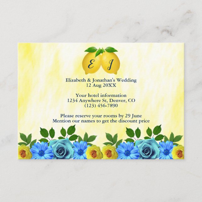 Tarjeta De Recepción Alojamiento para Bodas florales Sunny Lemon (Anverso)