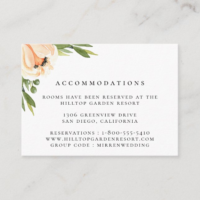 Tarjeta De Recepción Alojamiento para Bodas Peach Peony (Anverso)