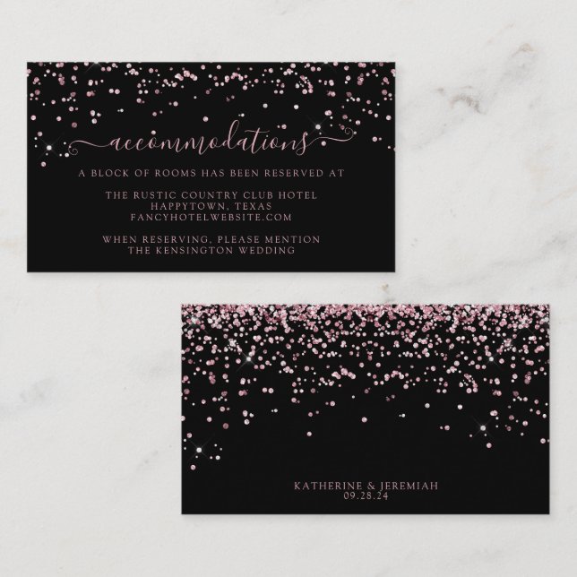 Tarjeta De Recepción Alojamiento para Bodas Purpurinas rosados de Rosa  (Anverso / Reverso)