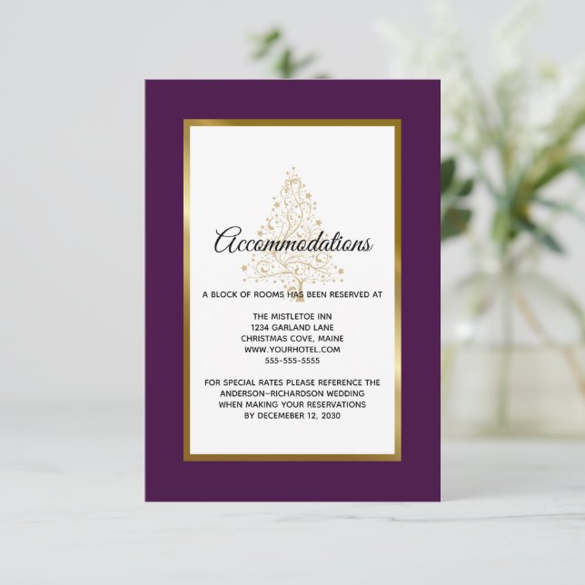 Tarjeta De Recepción Alojamiento Purple Gold Boda de Invierno (Anverso de pie)