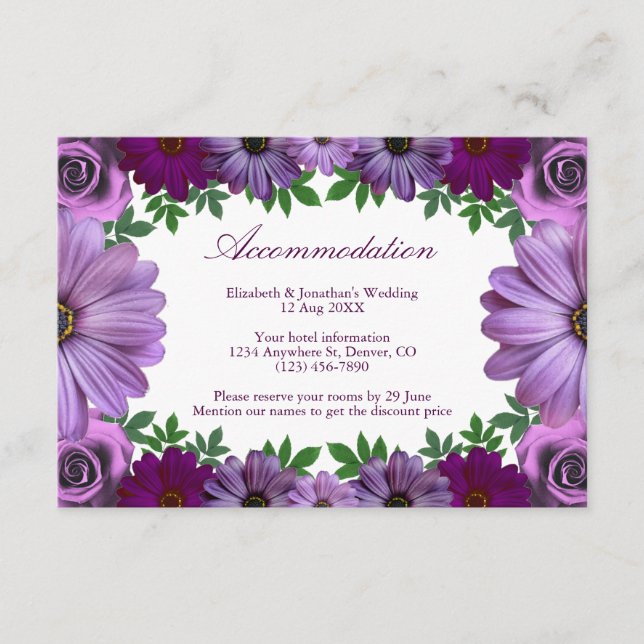 Tarjeta De Recepción Alojamiento Regal Purple Floral Boda (Anverso)