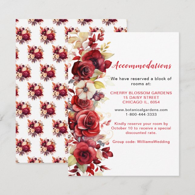 Tarjeta De Recepción Alojamiento romántico de Boda floral de rosas roja (Anverso / Reverso)