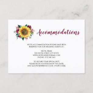 Tarjeta De Recepción Alojamiento Rosa de Sunflower Burgundy Boda