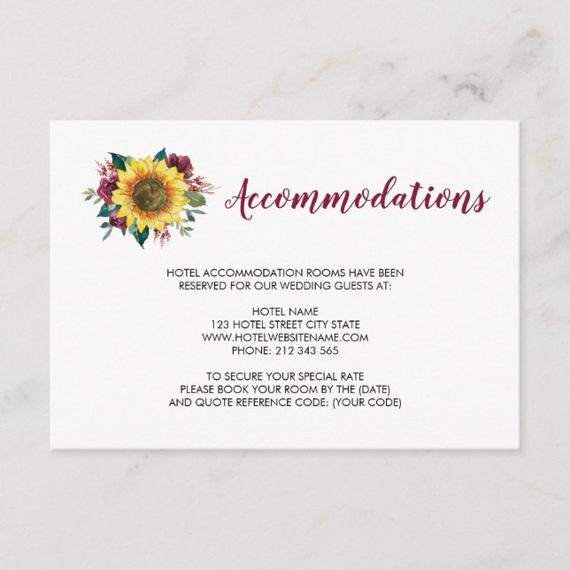 Tarjeta De Recepción Alojamiento Rosa de Sunflower Burgundy Boda (Anverso)