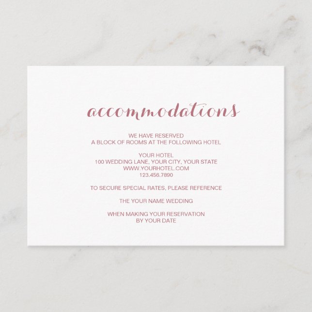 Tarjeta De Recepción Alojamiento Rosa Gold Simple Elegant Wedding (Anverso)