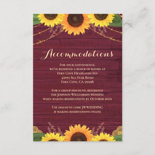 Tarjeta De Recepción Alojamiento Rústico Boda de girasol en madera roja (Anverso)