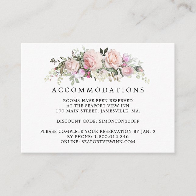 Tarjeta De Recepción Alojamiento Rústico Boda Floral Rosa (Anverso)