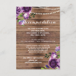 Tarjeta De Recepción Alojamiento Rústico Boda Flores de Madera Moradas