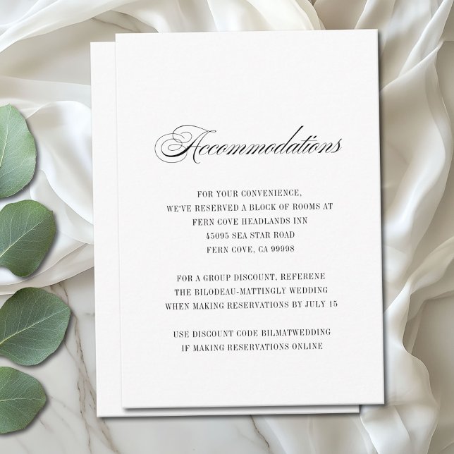 Tarjeta De Recepción Alojamiento simple de Bodas de escritura blanca ne (Minimal modern information enclosure card with a vintage flair)