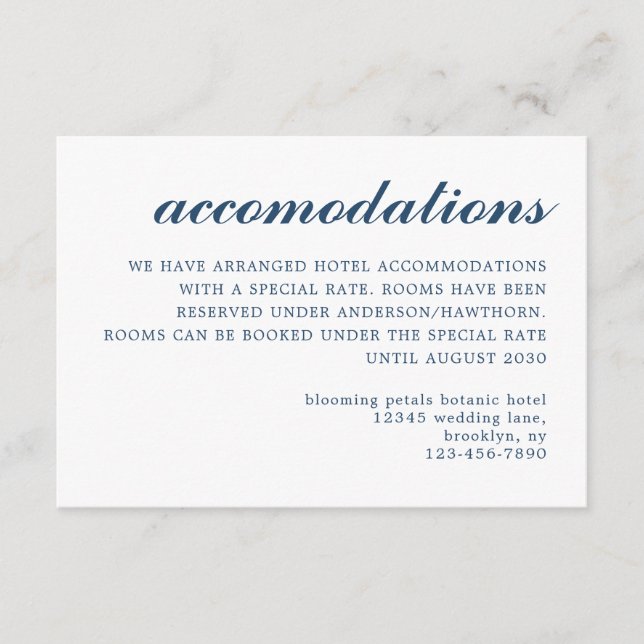 Tarjeta De Recepción Alojamiento simple y moderno de Boda con guión azu (Anverso)