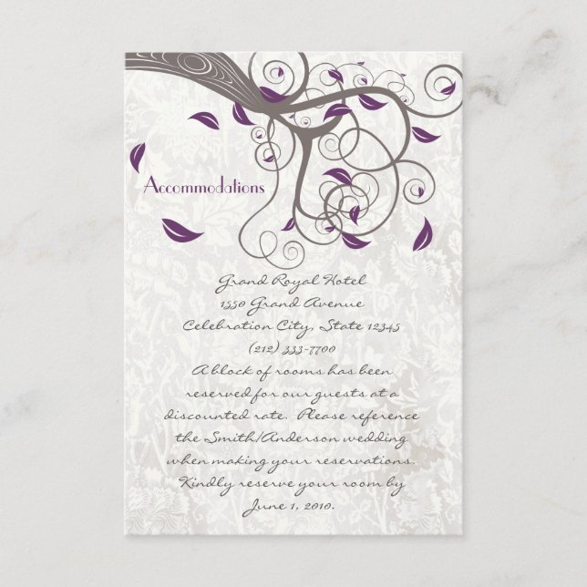 Tarjeta De Recepción Alojamiento Swirl De Leaf Púrpura De Árbol De Perf (Anverso)