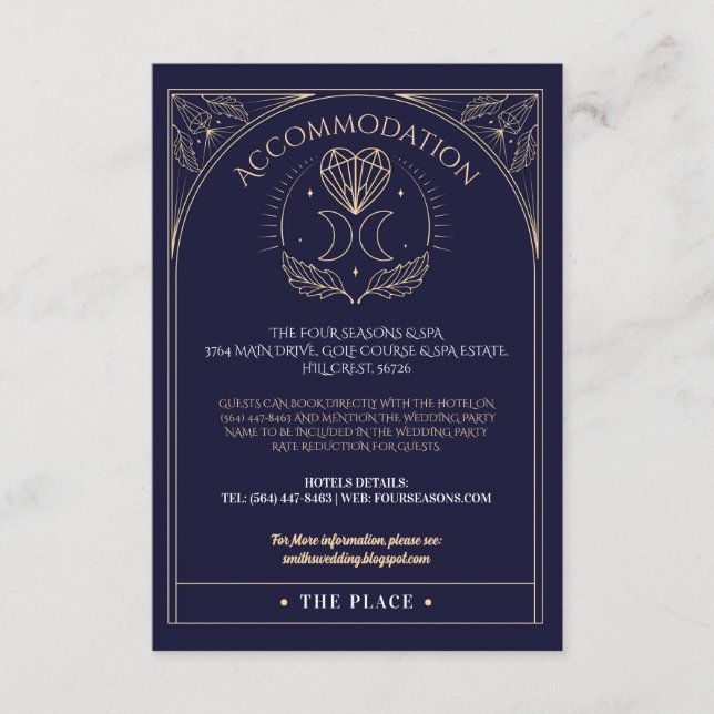 Tarjeta De Recepción Alojamiento Tarot Moon Crystals Heart Boda (Anverso)