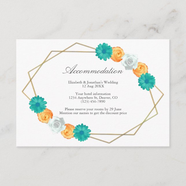 Tarjeta De Recepción Alojamiento Verde azulado de Boda floral geométric (Anverso)