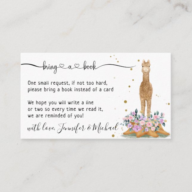 Tarjeta De Recepción Alpaca Trae un Libro Baby Shower (Anverso)