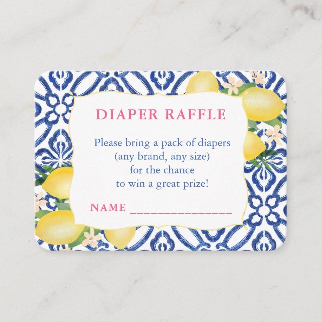 Tarjeta De Recepción Amalfi Lemons Azul Patrón Blanco Diaper Raffle (Anverso)