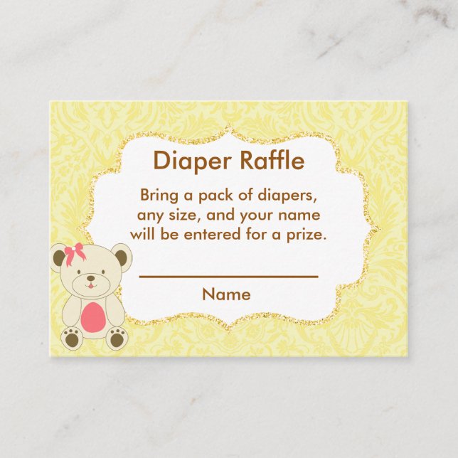 Tarjeta De Recepción Amarillo Diaper Raffle Insertar Oso (Anverso)