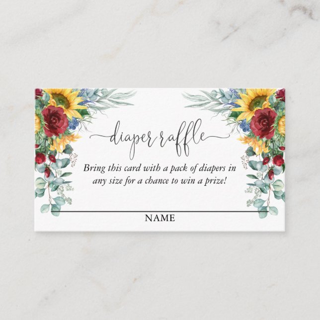 Tarjeta De Recepción Amarillo girasol Floral Diaper Raffle Script Texto (Anverso)