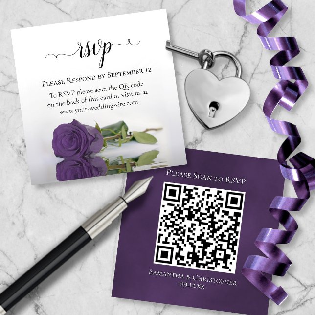 Tarjeta De Recepción Amethyst Purple Rosa Elegant Wedding RSVP Código Q (Front/Back)
