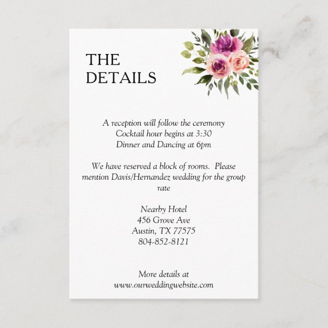 Tarjeta De Recepción Ampersa floral moderna y Plum rosa rosa y negro (Anverso)