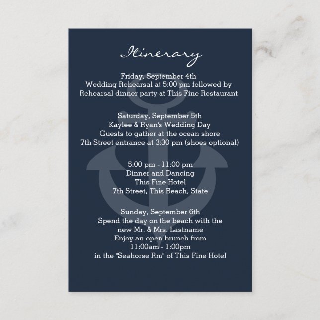 Tarjeta De Recepción Anchor Navy Blue Intinerary (Anverso)