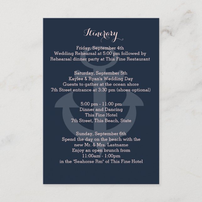 Tarjeta De Recepción Anchor Navy Blue Intinerary (Anverso)