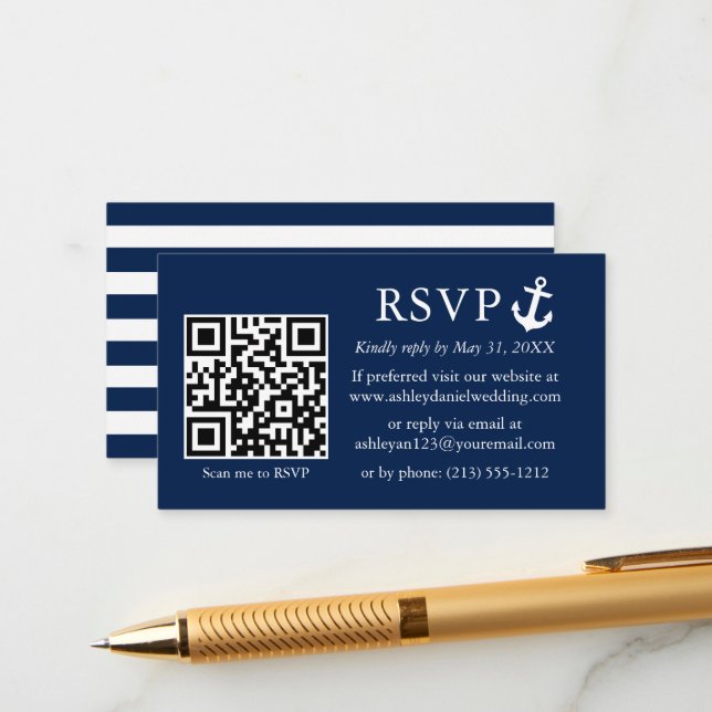Tarjeta De Recepción Ancla azul de la Marina Náutica boda RSVP QR Strie (Anverso/Reverso In Situ)