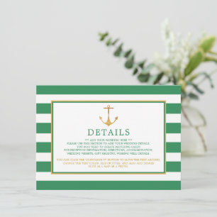 Tarjeta De Recepción Ancla dorada náutica, detalle de boda verde marino