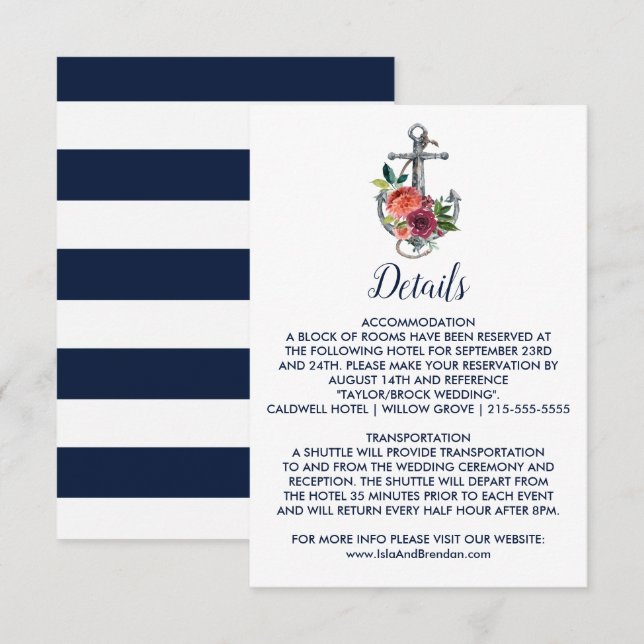 Tarjeta De Recepción Anclaje floral | Boda de otoño Detalles Insertar t (Anverso / Reverso)