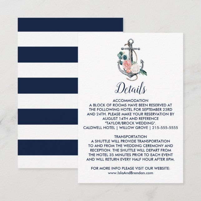 Tarjeta De Recepción Anclaje floral | Detalles del Boda de verano Inser (Anverso / Reverso)