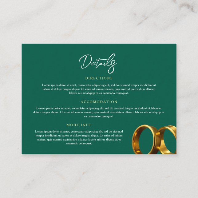 Tarjeta De Recepción Anillos de boda de oro verde esmeralda chic (Anverso)