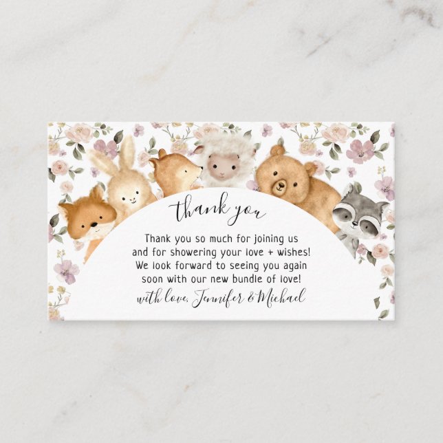 Tarjeta De Recepción Animales Bebés del Bosque de Flores Botánicas Grac (Anverso)