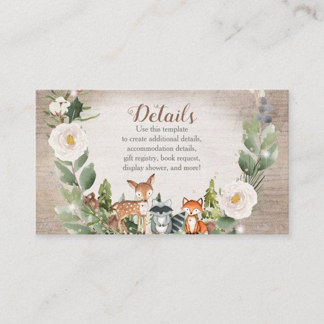 Tarjeta De Recepción Animales de invierno Baby Shower Floral blanca de  (Anverso)