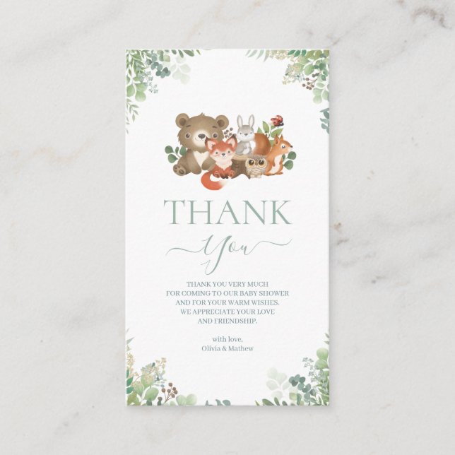 Tarjeta De Recepción Animales de Woodland Baby Shower Gracias (Anverso)