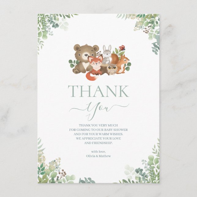 Tarjeta De Recepción Animales de Woodland Baby Shower Gracias Gabinete (Anverso)
