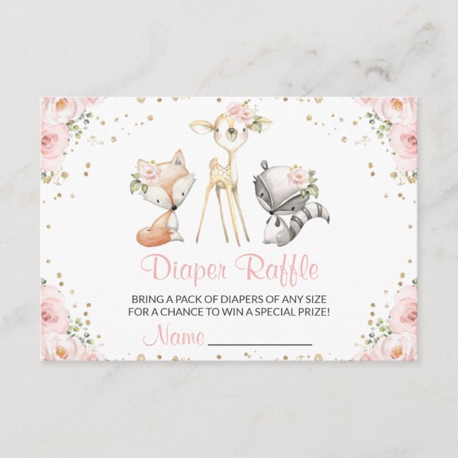Tarjeta De Recepción Animales de Woodland, Flores rosadas, Raffle de pa (Anverso)