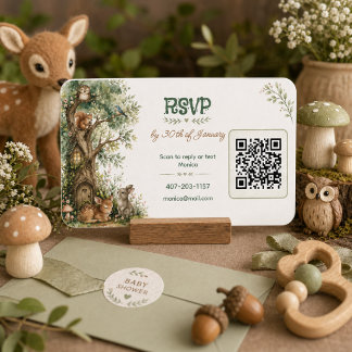 Tarjeta De Recepción Animales del Bosque Baby Shower Código QR RSVP