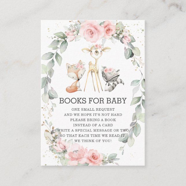 Tarjeta De Recepción Animales del Bosque Floral Verde Libros para Bebé  (Anverso)